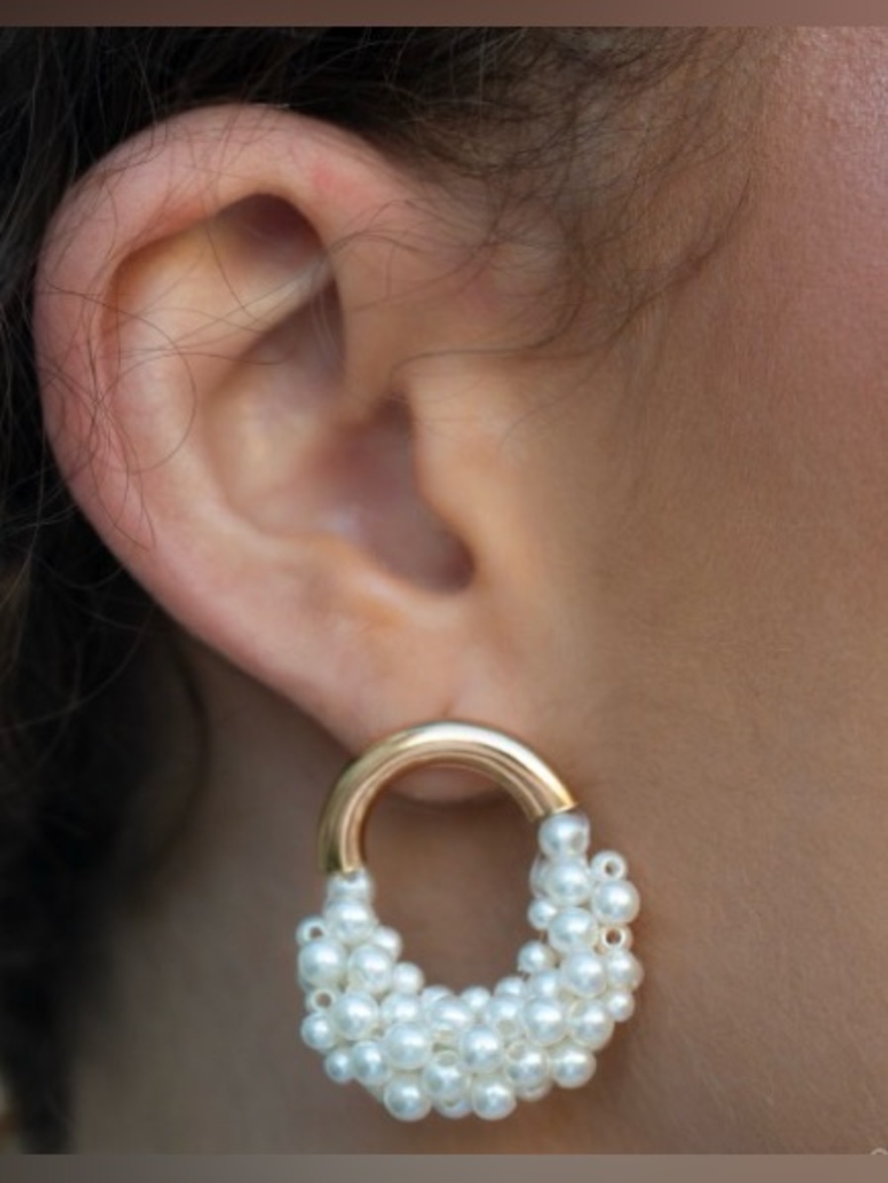 Gold Hoop Earrings with Clustered White Pearls